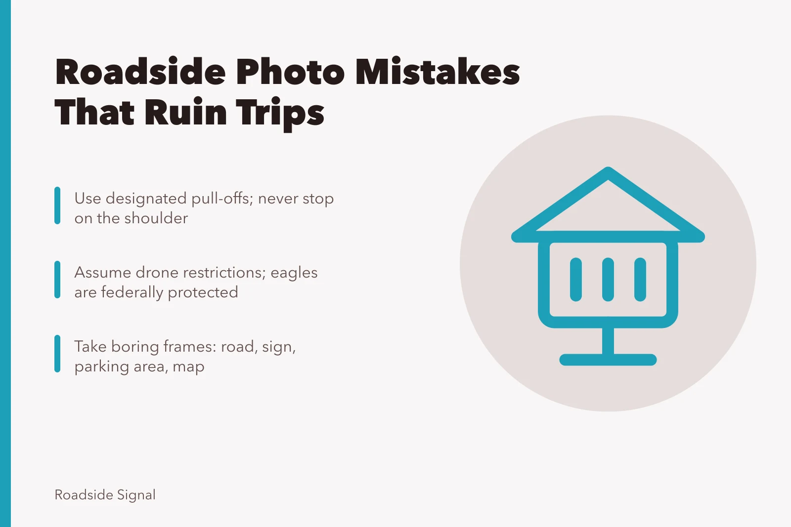 Roadside signpost marking a scenic pull-off beside a highway. Bad stops and restricted drones: the roadside trip mistakes photographers make