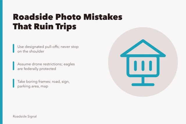 Roadside signpost marking a scenic pull-off beside a highway. Bad stops and restricted drones: the roadside trip mistakes photographers make