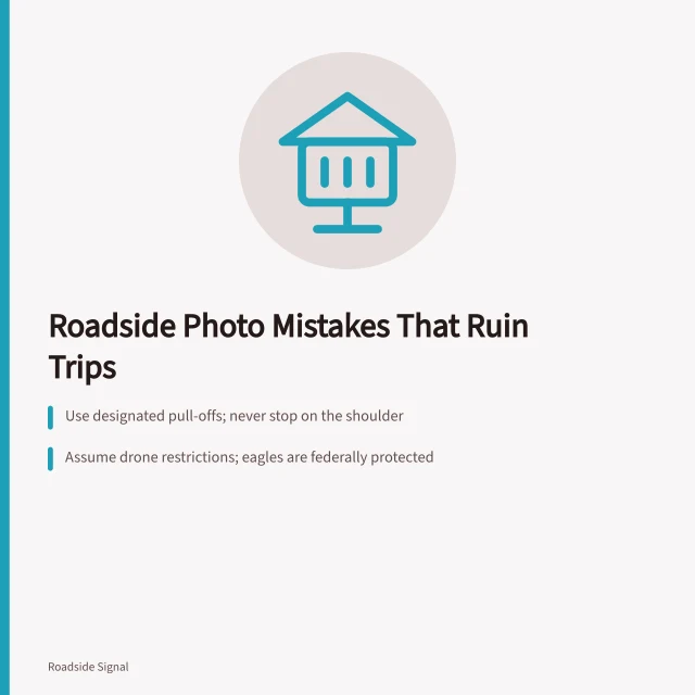 Roadside signpost marking a scenic pull-off beside a highway. Bad stops and restricted drones: the roadside trip mistakes photographers make