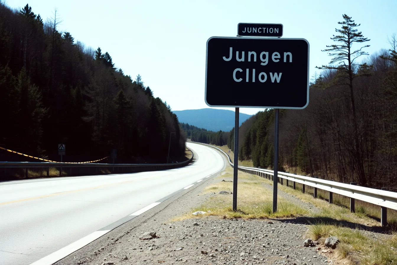 Highway road sign on a scenic route with road surface and junction sign visible. Timestamps and reference frames: documenting scenic route case studies properly