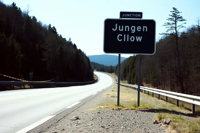 Highway road sign on a scenic route with road surface and junction sign visible. Timestamps and reference frames: documenting scenic route case studies properly