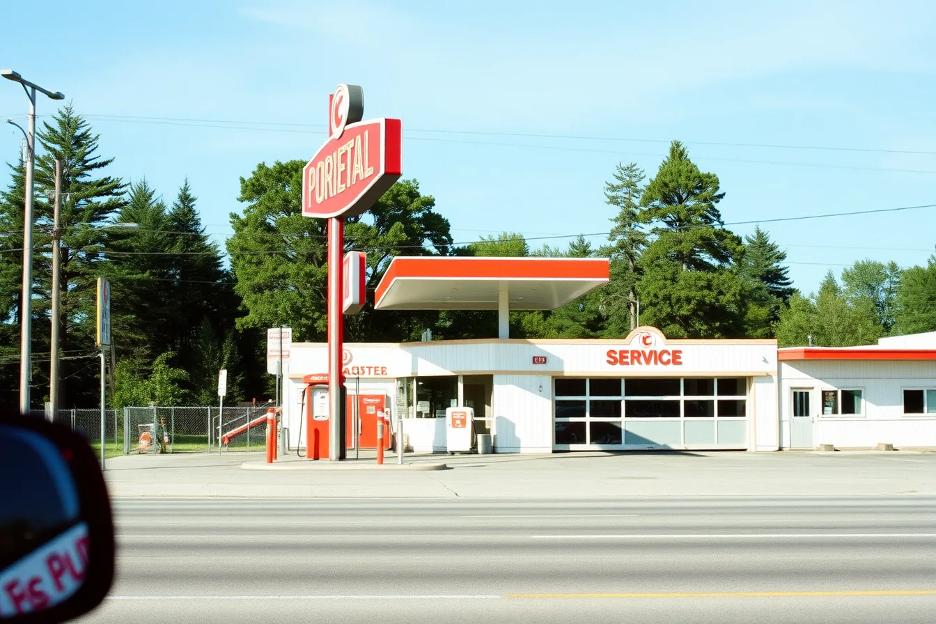 Vintage gas station neon sign and canopy seen from a parked car. Half of gas station preservation is visible from a parked car