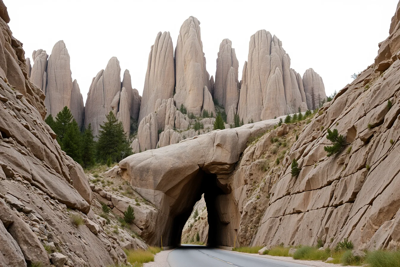 Needles Highway winding between granite spires and a narrow hand-cut tunnel in Custer State Park. Bend and Rapid City byways compared for volcanic and granite rock