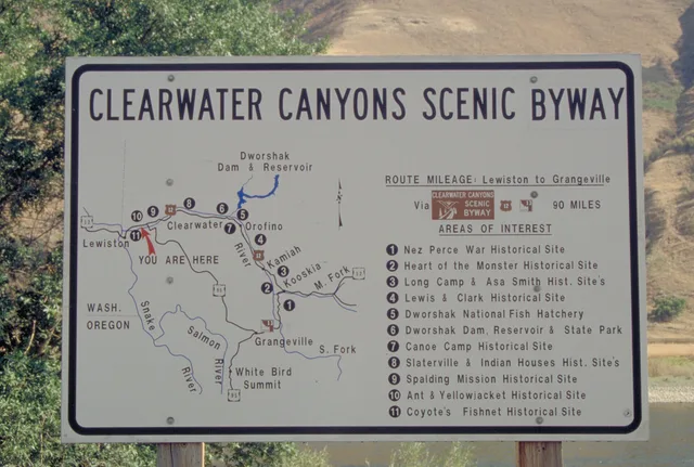 Scope and content: The original finding aid described this photograph as: Original Caption: Sign shows byway route and points of interest. This Idaho byway has since been renamed to 'Northwest Passage Scenic Byway' and this sign is no longer used on the route. Location: Idaho (46.148° N 115.596° W). How FHWA National Scenic Byway status changes signs on US routes