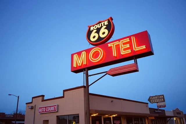 Vintage Route 66 neon motel sign glowing at dusk in Flagstaff, Arizona. Flagstaff and Barstow neon signs worth documenting before they go