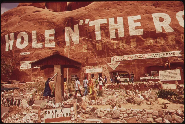 HOLE IN "THE ROCK", 1.5 MILE SOUTH OF MOAB, IS THE ONLY COMMERCIAL, ROADSIDE ATTRACTION IN THE AREA. IT IS A HOME CARVED FROM THE SANDSTONE. Sorting American roadside attractions into four types worth knowing