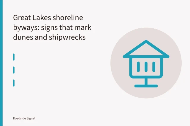 Scenic overlook sign at Sleeping Bear Dunes above Lake Michigan. Great Lakes shoreline byways: signs that mark dunes and shipwrecks