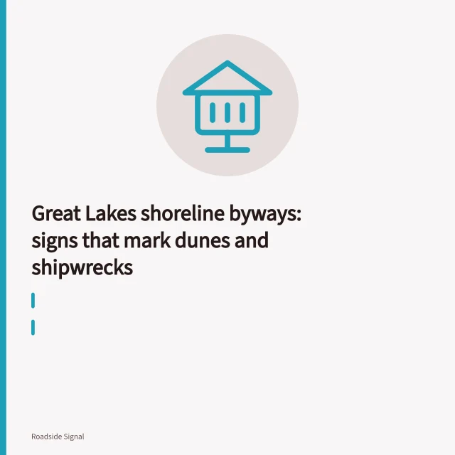 Scenic overlook sign at Sleeping Bear Dunes above Lake Michigan. Great Lakes shoreline byways: signs that mark dunes and shipwrecks