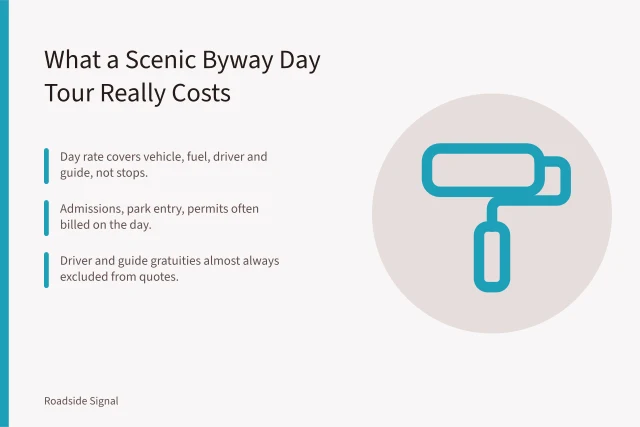 Scenic byway tour cost breakdown: vehicle, guide, admissions, permits, gratuities. Guided road trip costs: what a scenic byway day tour really includes