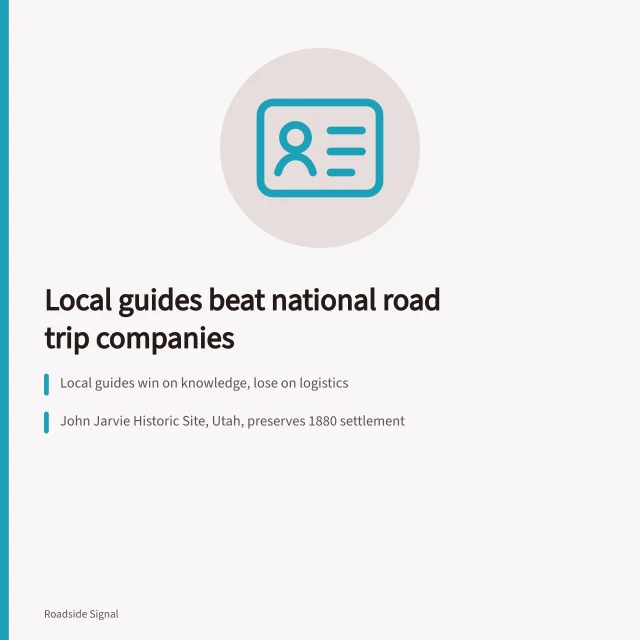 Local guides versus national road trip companies comparison card. Local guides often beat national road trip tour companies on depth