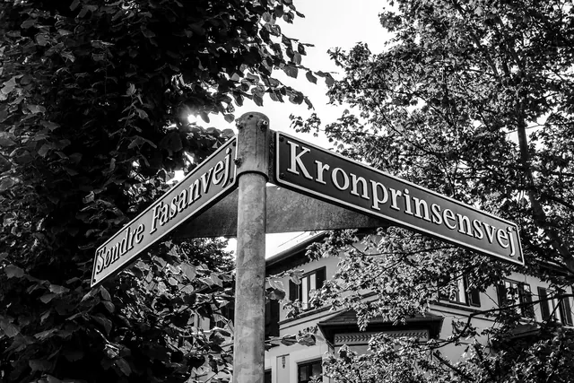 sign, road, path, corner, orientation, metal, denmark, copenhagen, black-and-white, city, guide, orientation system, find, looking for