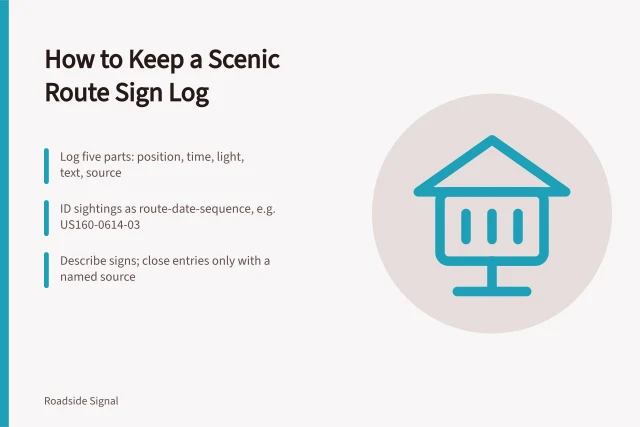 Card listing folder structure and file naming steps for roadside safety records. How to keep a field log of US scenic route signs and roadside attractions