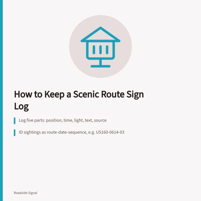 Card listing folder structure and file naming steps for roadside safety records. How to keep a field log of US scenic route signs and roadside attractions