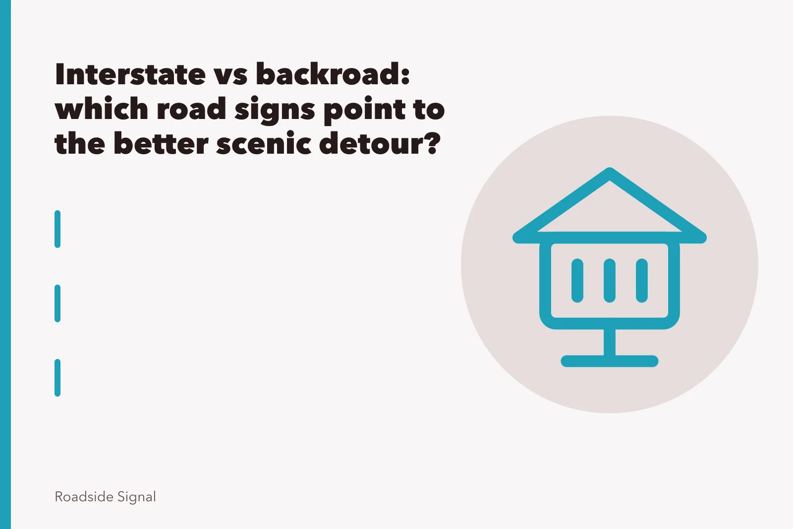 Blue interstate exit sign listing gas, food, lodging and camping beside a highway ramp. Interstate vs backroad: which road signs point to the better scenic detour?