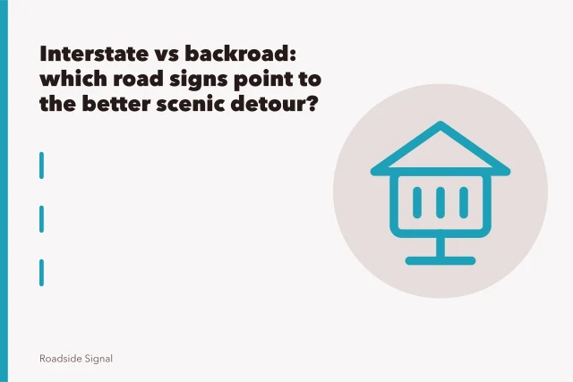 Blue interstate exit sign listing gas, food, lodging and camping beside a highway ramp. Interstate vs backroad: which road signs point to the better scenic detour?
