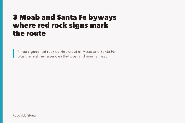 Utah Scenic Byway 128 sign at junction near Moab with red rock cliffs behind. 3 Moab and Santa Fe byways where red rock signs mark the route
