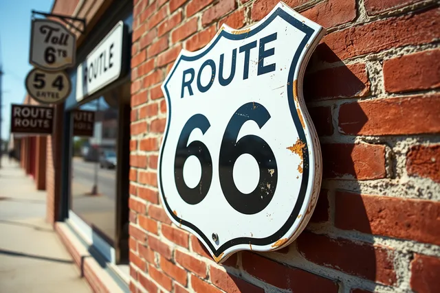 Chipped original porcelain Route 66 shield sign bolted to a brick main street wall. Where original Route 66 signs survive across US corridor states