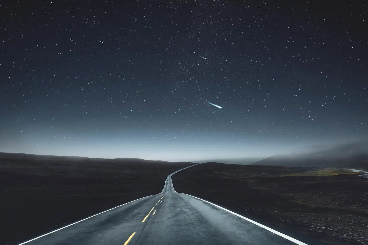 highway, night, landscape, sky, stars, night sky, shooting star, asteroid, mountains, fog, nature, darkness