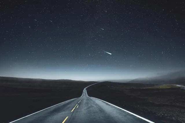 highway, night, landscape, sky, stars, night sky, shooting star, asteroid, mountains, fog, nature, darkness