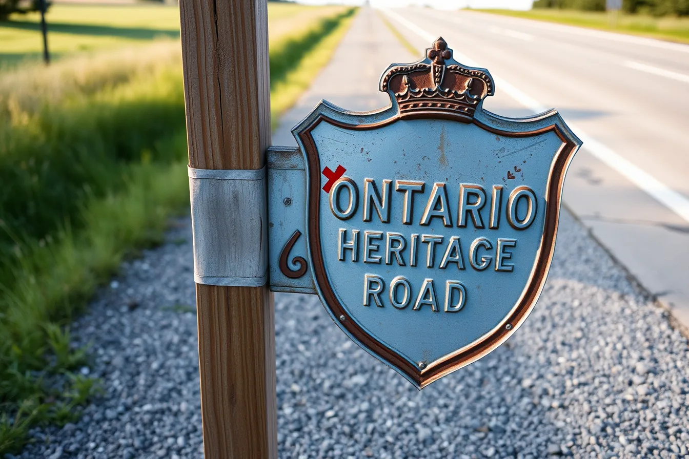 Replica Ontario heritage road sign on a rural highway post. Replica heritage road signs in Ontario: what to order before your road trip