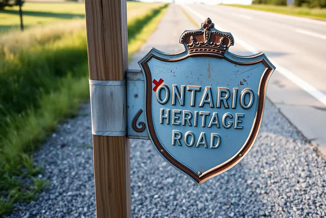 Replica Ontario heritage road sign on a rural highway post. Replica heritage road signs in Ontario: what to order before your road trip