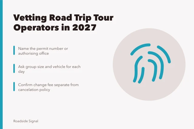 Checklist card for vetting road trip tour operators, permits and itinerary details. Getting road trip tour companies right the first time in 2027