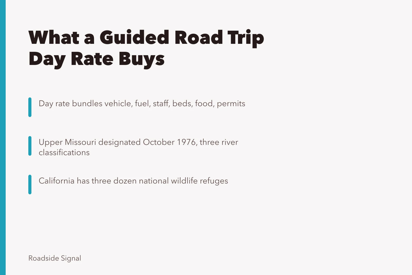 Card explaining guided road trip costs, day rates, logistics and access fees. 5 things nobody tells you about guided road trip costs