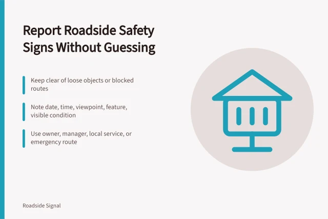 Neutral roadside safety sign reporting with distance and responsible routes. How to report roadside architecture safety warning signs without guessing