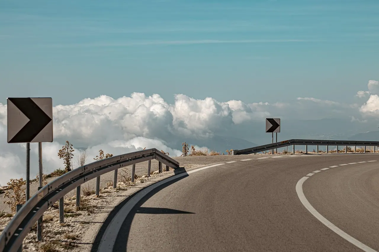 road, nature, sign, arrow, clouds, sky, asphalt, outdoors