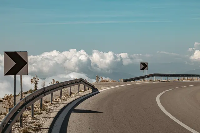 road, nature, sign, arrow, clouds, sky, asphalt, outdoors