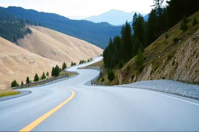 Winding mountain scenic byway with highway route sign and gravel pull-off. Scenic routes trips cost more in driving than most travelers expect
