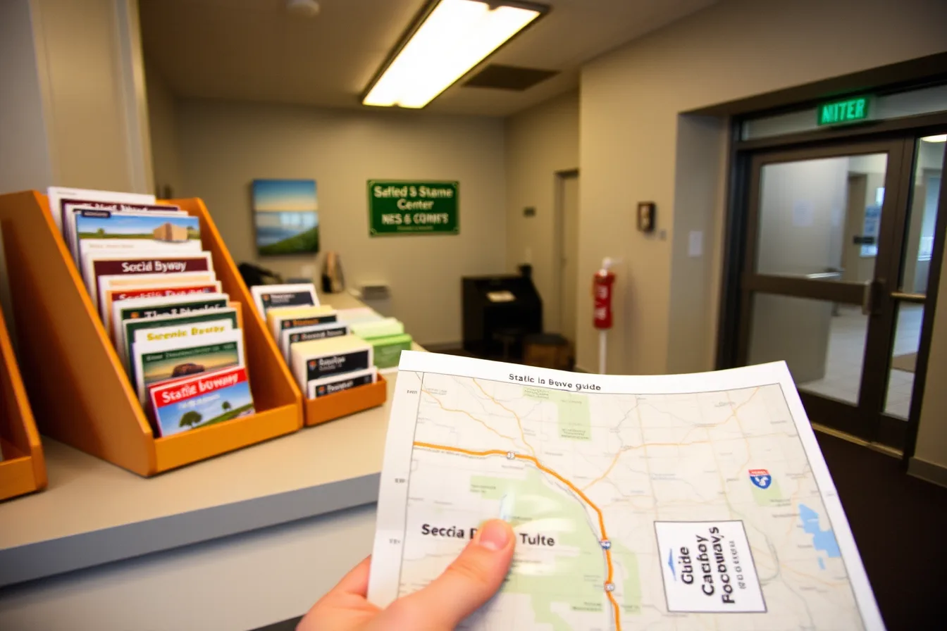 Paper scenic byway maps fanned in a staffed welcome center brochure rack. Do state welcome centers still stock paper scenic byway maps?
