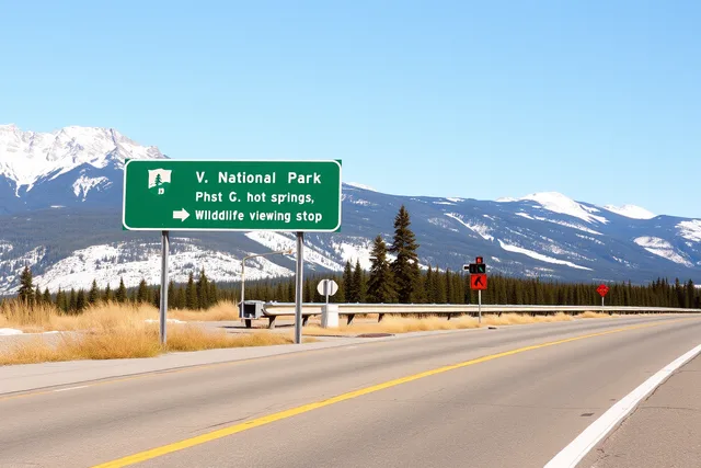 Green roadside attraction sign on Yellowhead Highway 16 near Jasper, Alberta. Trans-Canada vs Yellowhead: which route has better roadside attraction signs in Alberta?