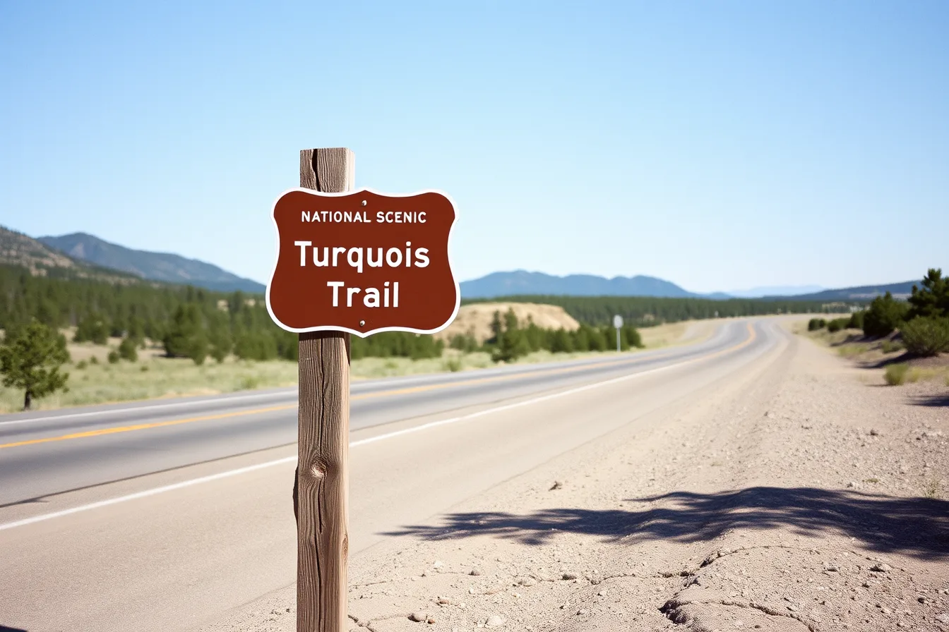 Brown Turquoise Trail byway sign beside two-lane NM-14 south of Santa Fe. Why New Mexico's Turquoise Trail roadside signs deserve a slower drive