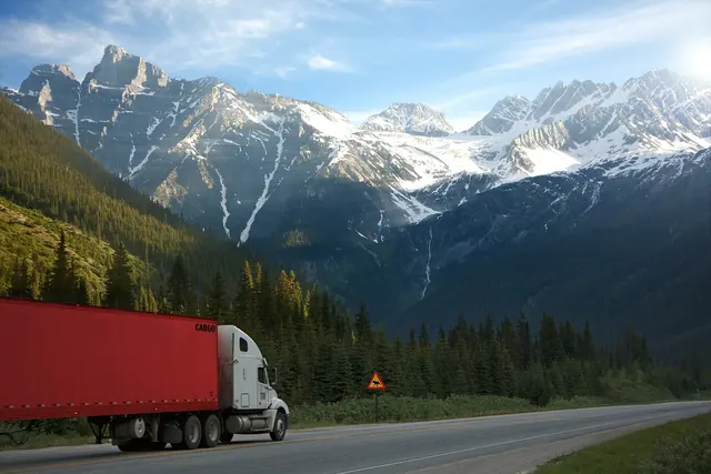 truck, road, sign, warning, canada, sun, mountains, traffic, vehicle, transport, trucks, goods, freight, machine, commercial vehicle, follower, landscape, forest, tree, heaven, shi