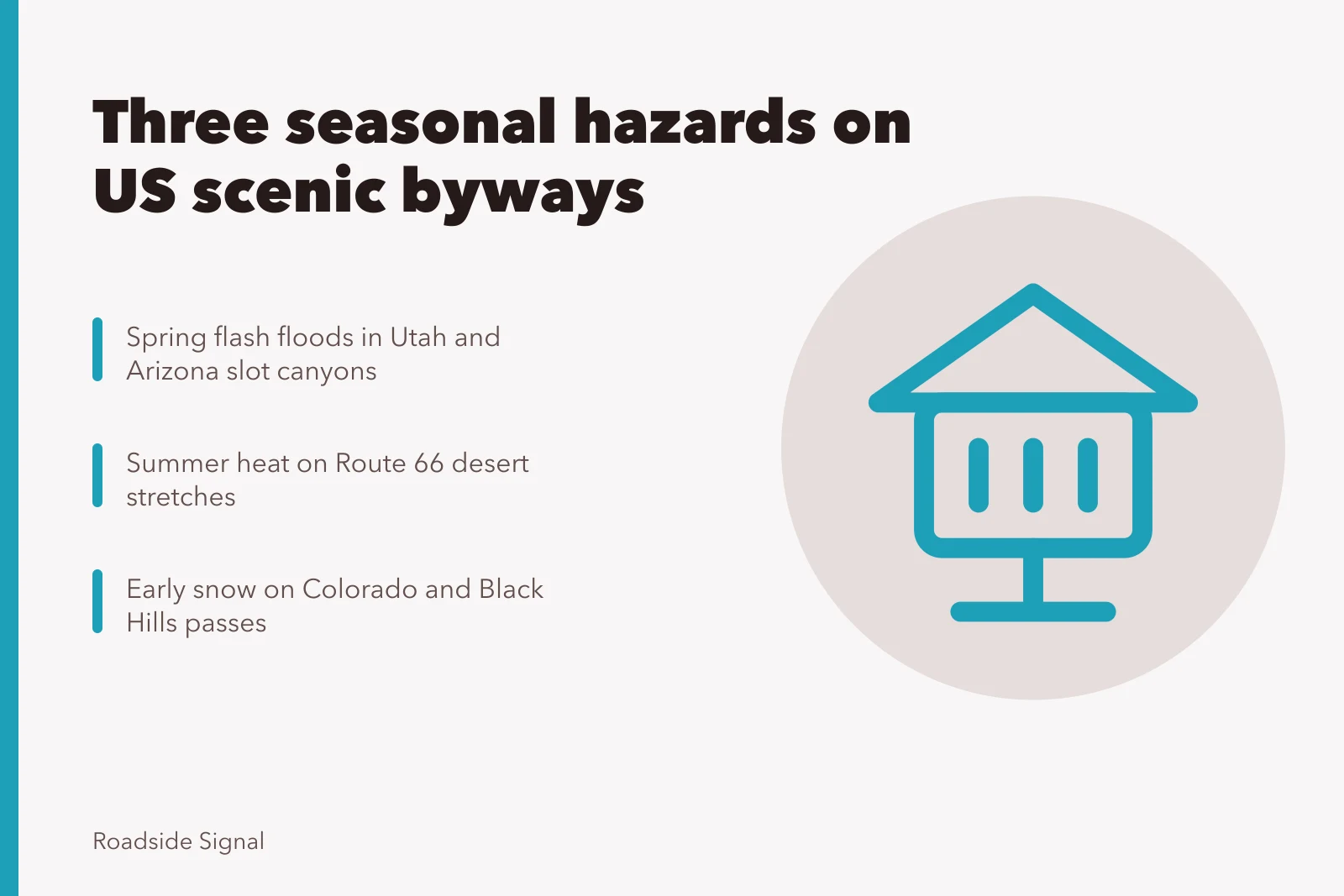 Road sign marking a scenic byway through mountains and desert. Seasonal risks on US scenic byways: flash floods, heat and snow