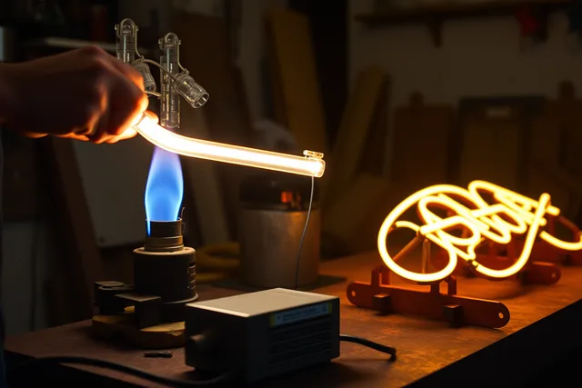 Hands bending glowing glass tubing during a neon sign restoration workshop. How much do vintage neon sign restoration tours cost on Route 66?