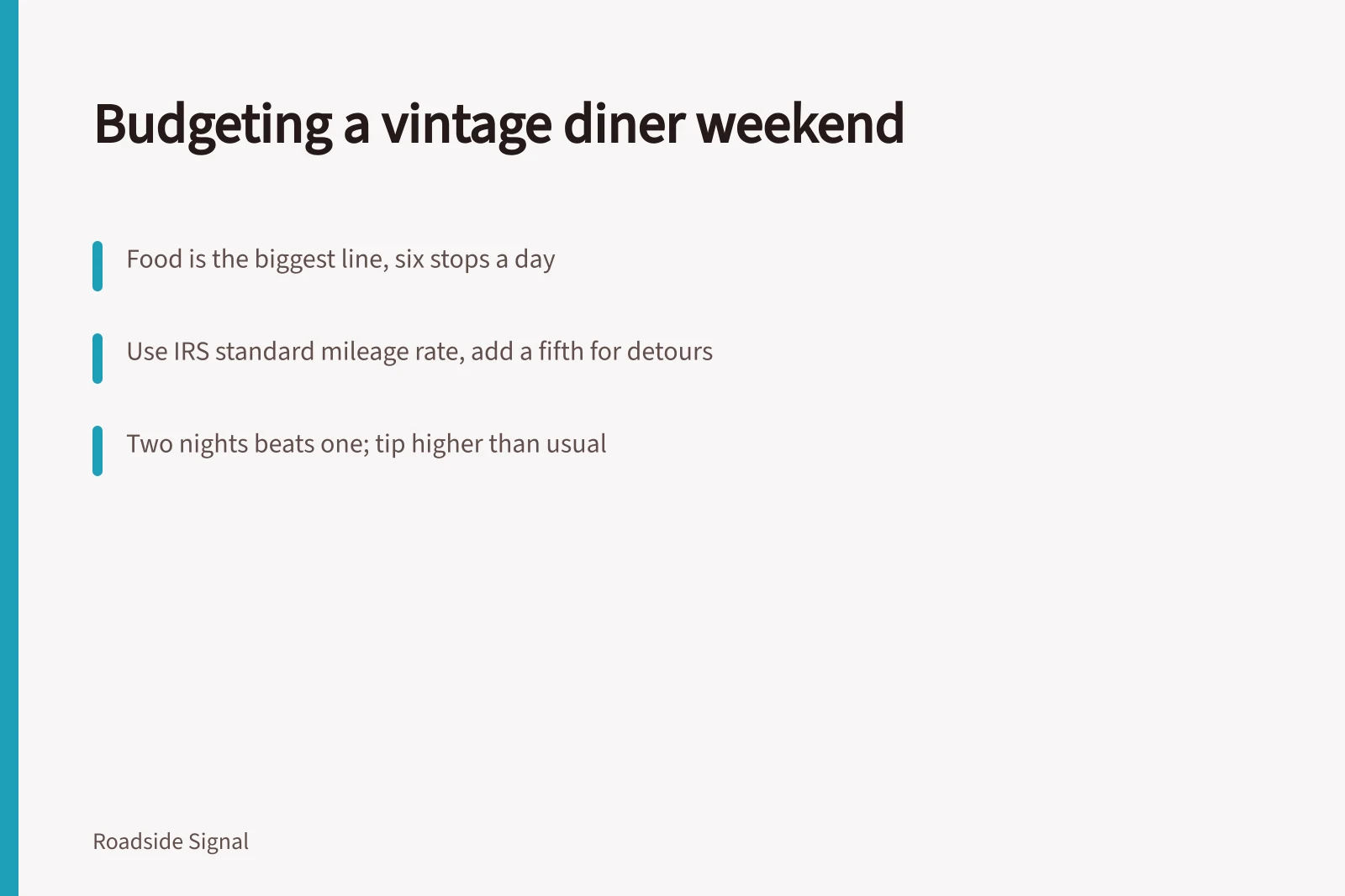 Budget card for a vintage diner weekend road trip. Food is the line that surprises people in a vintage diner interiors weekend