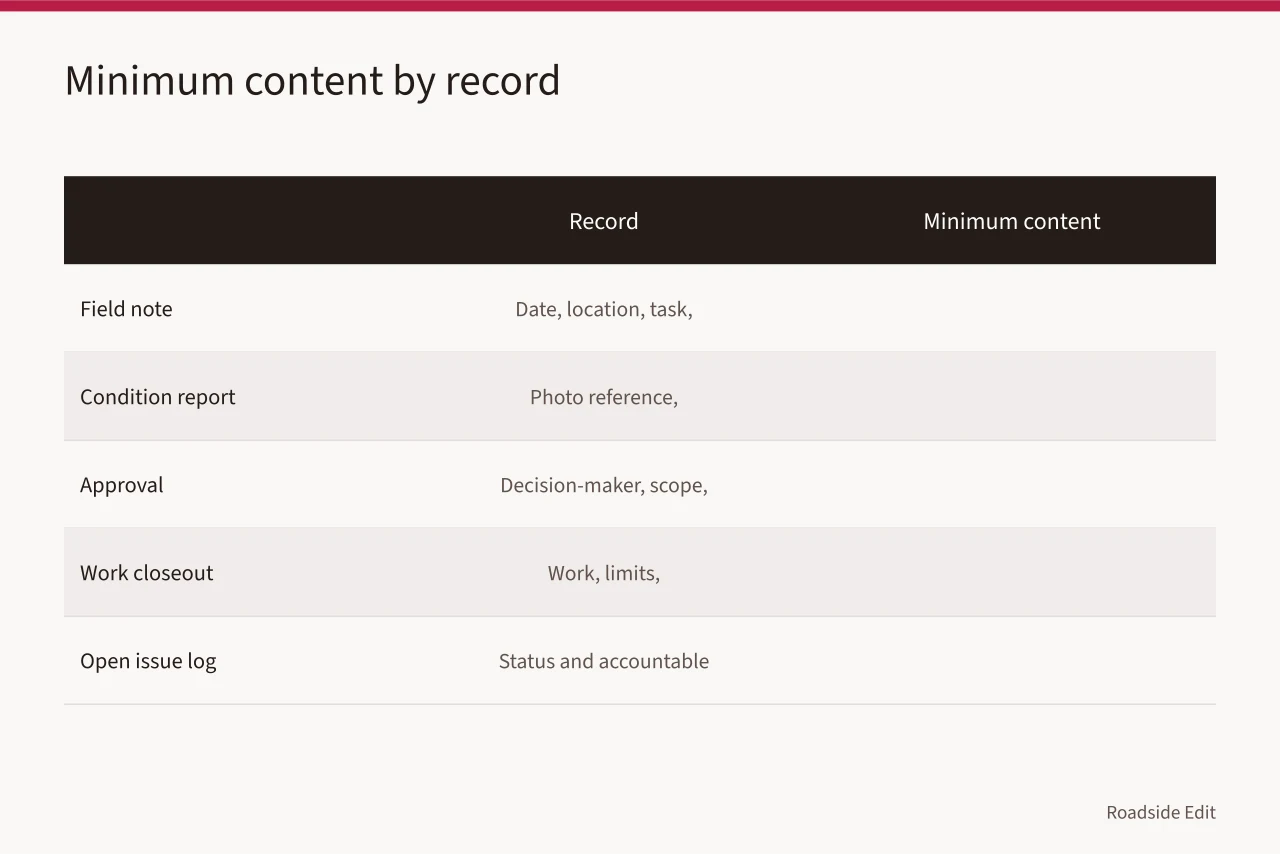 Table of five record types and their minimum content (How owners can build a modern roadside safety records file for 2027)