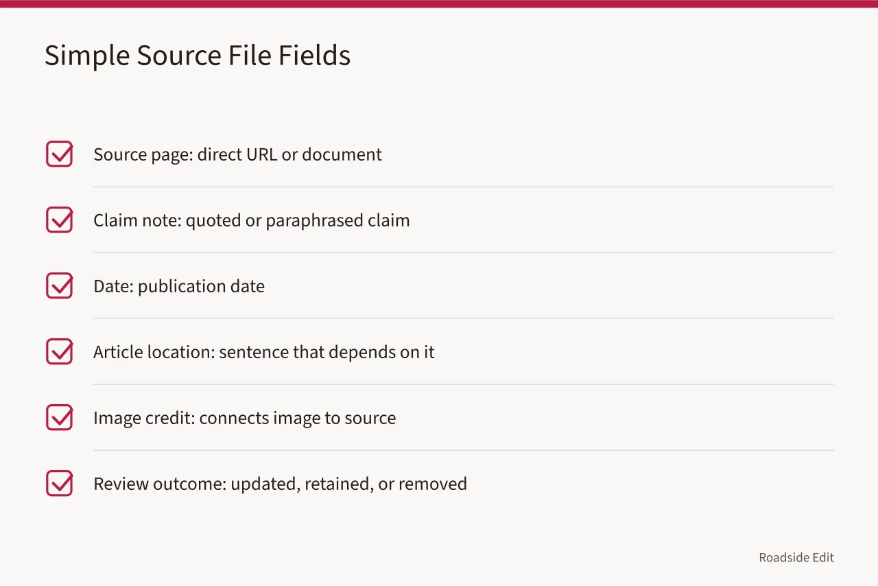 Checklist of fields for a maintainable editorial source file (How to build a roadside building maintenance plan without pretending to inspect)